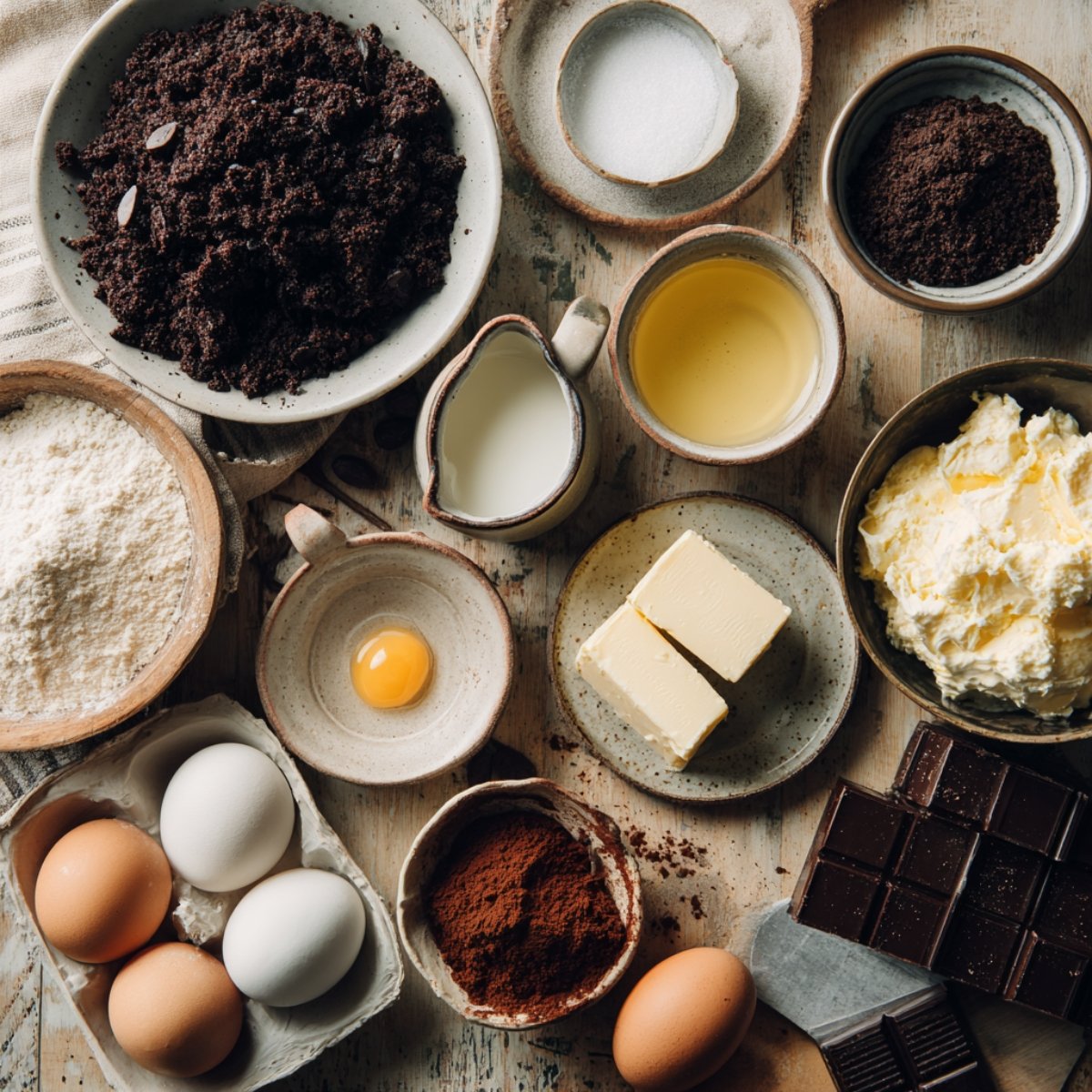 Homemade Black Forest Cheesecake ingredients on a rustic wooden table — bowls of crushed cookies, flour, cocoa, sugar, butter, cream cheese, eggs, milk, oil, and dark chocolate, lit with soft natural light.