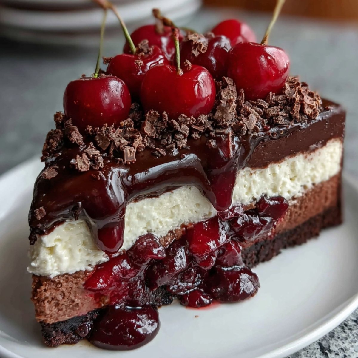 A slice of homemade Black Forest Cheesecake with layers of chocolate and vanilla cheesecake on a cookie crust, topped with glossy chocolate ganache, fresh cherries, chocolate shavings, and a dusting of powdered sugar on a white plate.