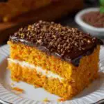 A slice of Brazilian carrot cake on a white plate, with layers of orange carrot cake, creamy filling, and a glossy chocolate ganache topping sprinkled with crunchy caramelized bits.
