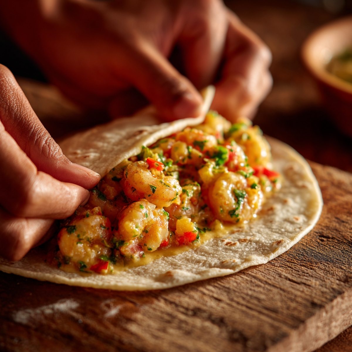 Hands rolling a tortilla filled with creamy shrimp, red peppers, and herbs on a rustic wooden surface.