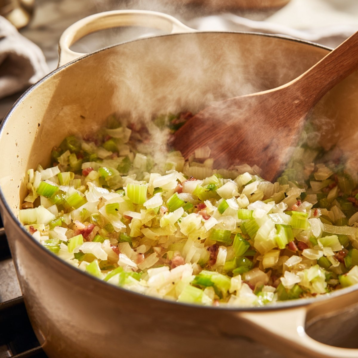 Steam rises from sautéed onions, celery, and bacon in a beige Dutch oven, stirred with a wooden spoon under warm natural light.