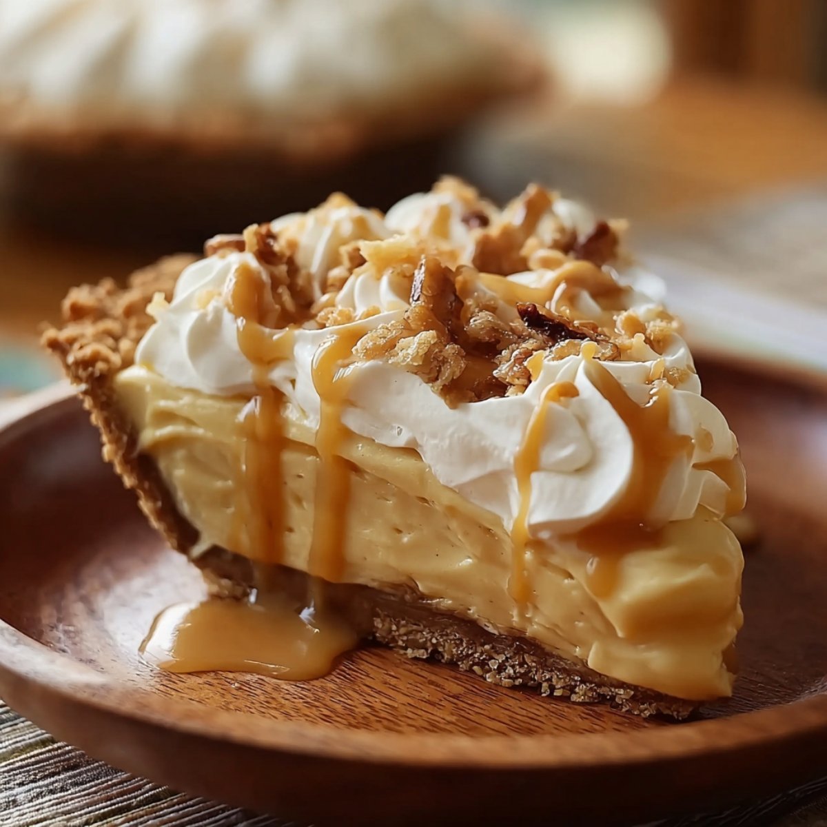 Slice of homemade Butterscotch Heaven Pie with creamy filling, whipped cream, caramel drizzle, and toffee bits on a wooden plate.
