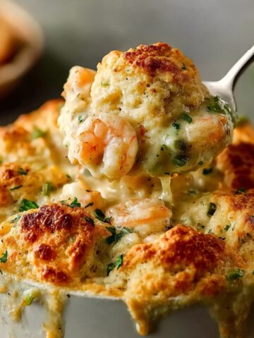 Cheddar Bay Biscuit Seafood Pot Pie with golden cheddar biscuits and creamy shrimp filling, baked in a white dish and served hot.
