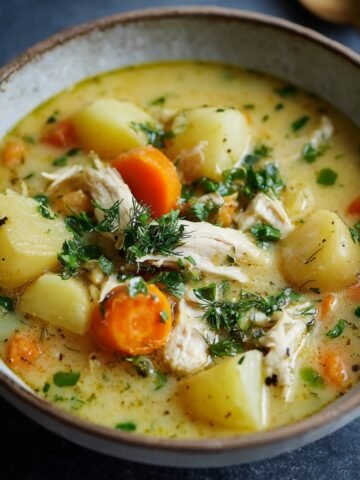 Chicken Soup with Potatoes with tender potatoes, carrots, and shredded chicken in a creamy golden broth, topped with fresh herbs - warm, hearty, and comforting.