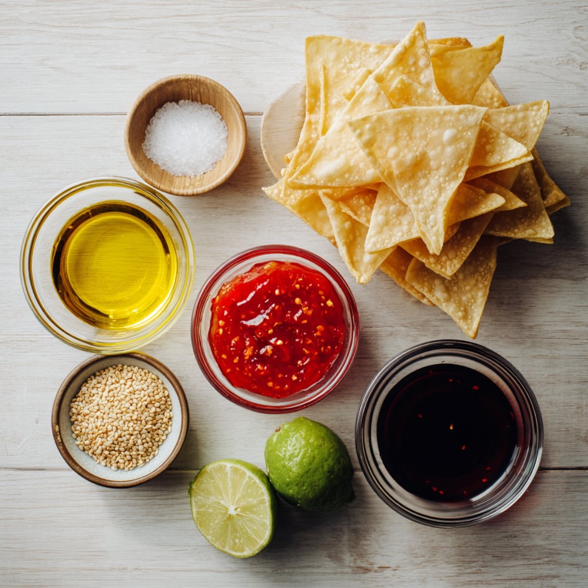 Chicken wonton taco ingredients on a light wooden table with wonton wrappers, sweet chili sauce, soy sauce, oil, sesame seeds, salt, and fresh limes.
