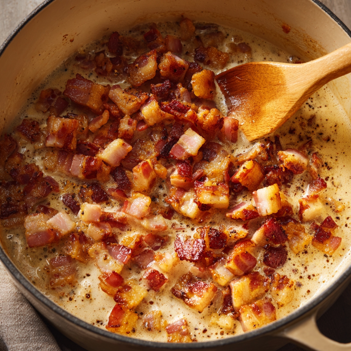 Crispy diced bacon sizzling in a beige Dutch oven, surrounded by bubbling rendered fat and golden browned bits, stirred with a wooden spoon in warm, natural kitchen light.