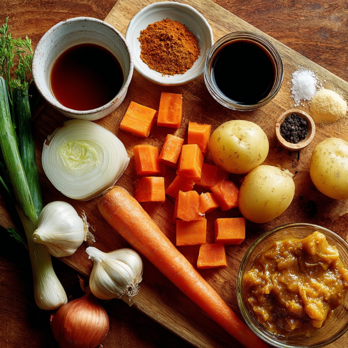 Rustic wooden board with fresh corn chowder ingredients — onions, garlic, carrots, potatoes, spices, and small bowls of broth under warm kitchen light.
