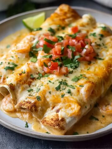 Creamy shrimp enchiladas topped with melted cheese, diced tomatoes, and cilantro on a gray plate, with creamy sauce and shrimp visible around the edges.