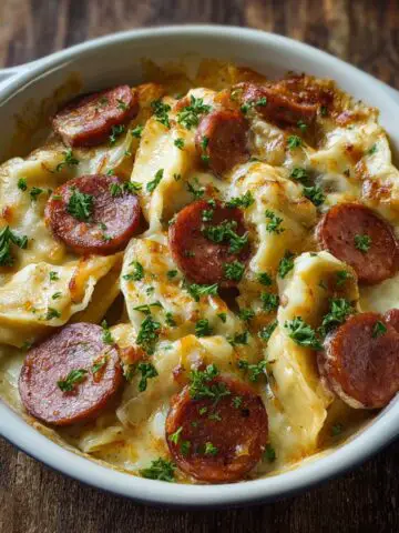 A close-up of Crock Pot Pierogi and Kielbasa Casserole in a white dish, topped with melted cheese, kielbasa slices, and fresh parsley, with a fork resting on a striped linen napkin.