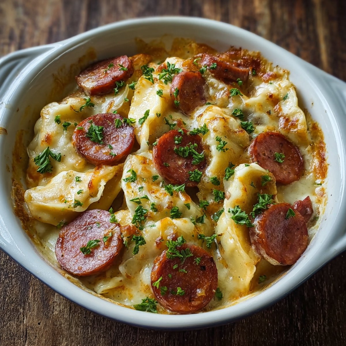A close-up of Crock Pot Pierogi and Kielbasa Casserole in a white dish, topped with melted cheese, kielbasa slices, and fresh parsley, with a fork resting on a striped linen napkin.
