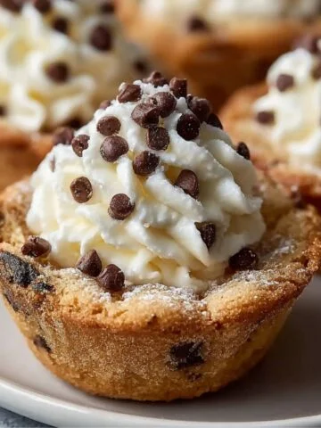 Easy Cannoli Cookie Cups Recipe with creamy ricotta filling topped with mini chocolate chips on a white plate.
