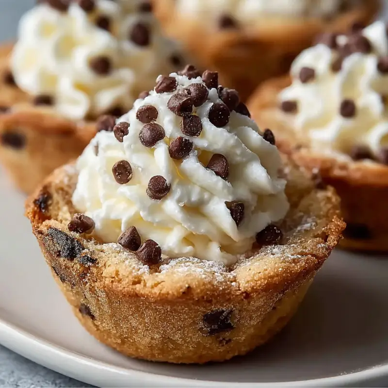 Easy Cannoli Cookie Cups Recipe with creamy ricotta filling topped with mini chocolate chips on a white plate.