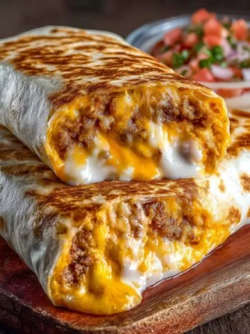 Homemade grilled cheese burritos stacked on a brown ceramic plate, filled with melted cheddar, creamy sauce, and seasoned beef, with cheese oozing from the ends and a bowl of fresh pico de gallo in the background.