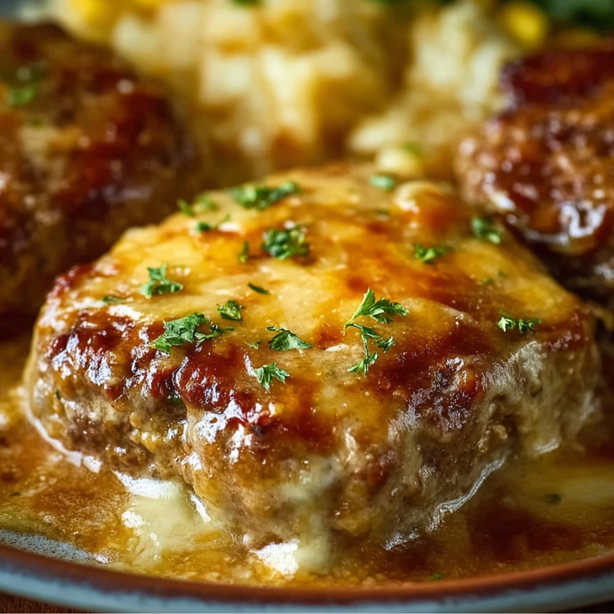 Healthy Amish Hamburger Steak Bake covered in golden melted cheese and rich brown gravy, sprinkled with fresh parsley, served with mashed potatoes — a hearty, homemade comfort meal.