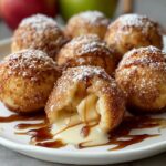 Homemade Apple Pie Bombs on a white plate, golden and sugar-dusted, one cut open showing warm caramel apple filling and cream sauce, cozy homemade feel with warm light.