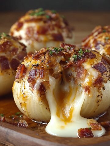 Homemade Cheesy Bacon Onion Bombs on a wooden board, topped with crispy bacon and parsley, with melted cheese oozing from the center.
