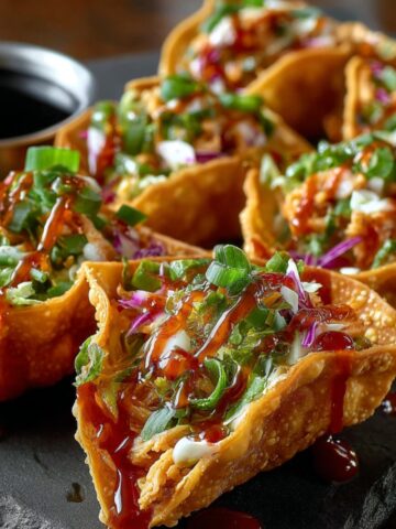 Homemade chicken wonton tacos with crispy golden shells, teriyaki chicken, cabbage slaw, green onions, and sweet chili drizzle on a dark slate board.