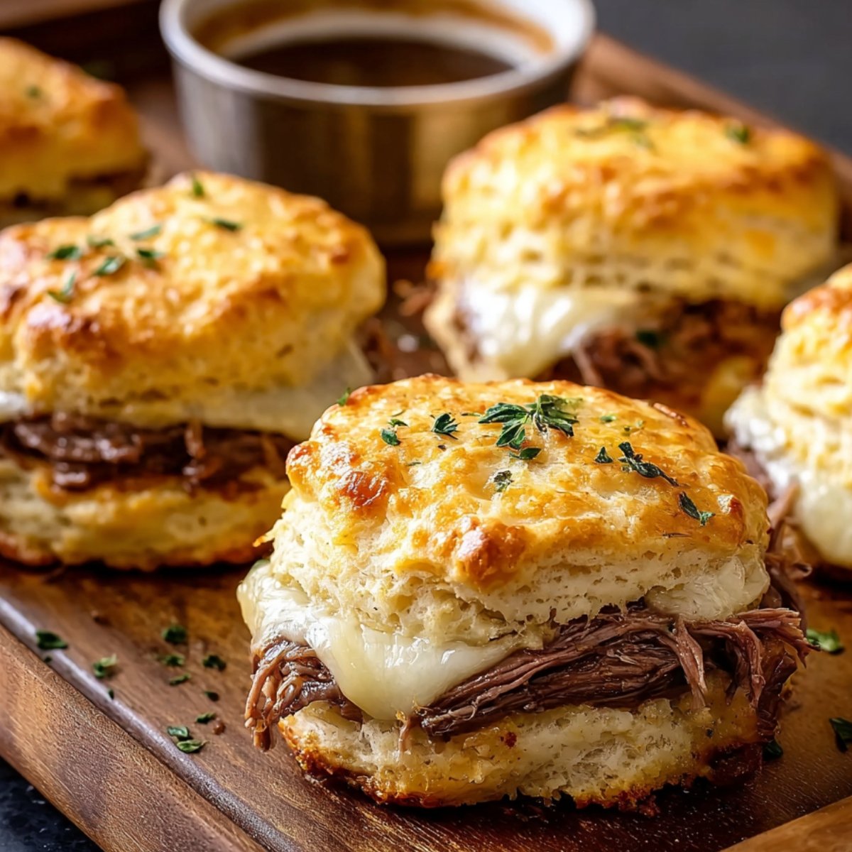Homemade French Dip Biscuits Recipe with roast beef and melted cheese on a wooden board, topped with herbs and served with au jus in warm natural light.
