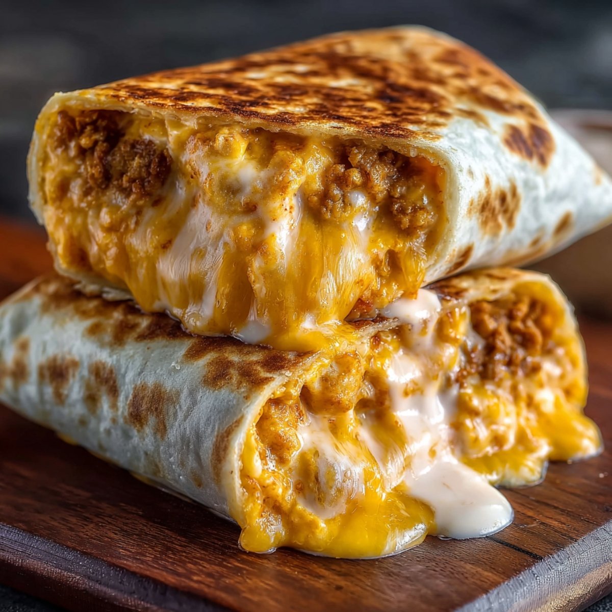 Homemade grilled cheese burrito sliced in half, showing melted cheddar, creamy sauce, and seasoned beef inside a toasted golden tortilla, stacked on a wooden board for a warm, homemade look.