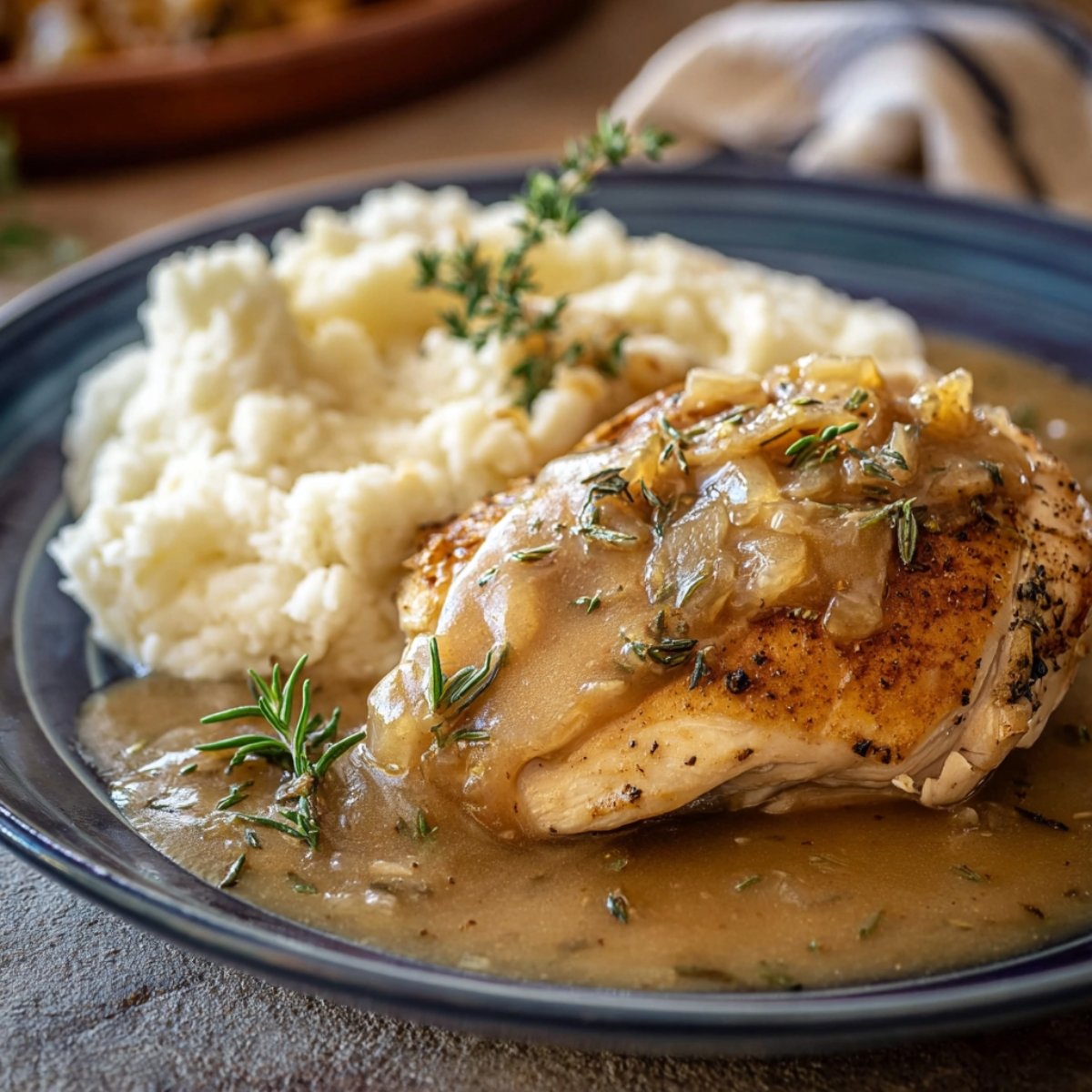 Homemade slow cooker chicken and gravy served with mashed potatoes, topped with rich onion gravy and fresh thyme on a blue plate in warm natural light.