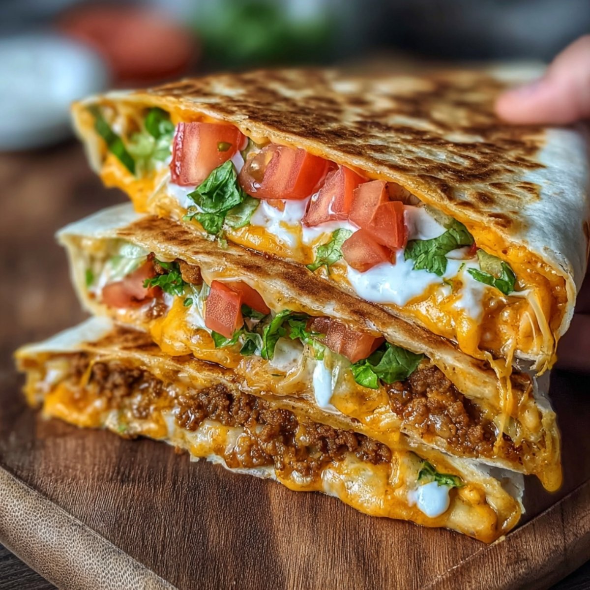 Homemade Taco Bell Crunchwrap Supreme cut in half on a wooden board, showing layers of beef, melted cheese, lettuce, and tomatoes in a golden toasted tortilla.