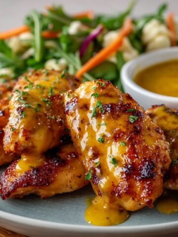 Honey mustard chicken with caramelized glaze, parsley garnish, side salad, and dipping sauce in a ramekin on a gray plate.