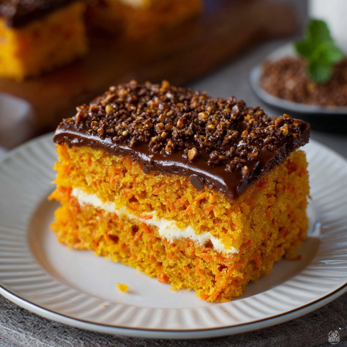 A slice of homemade Brazilian carrot cake with orange carrot-filled layers, creamy filling, and glossy chocolate ganache topped with crunchy bits, served on a white plate.