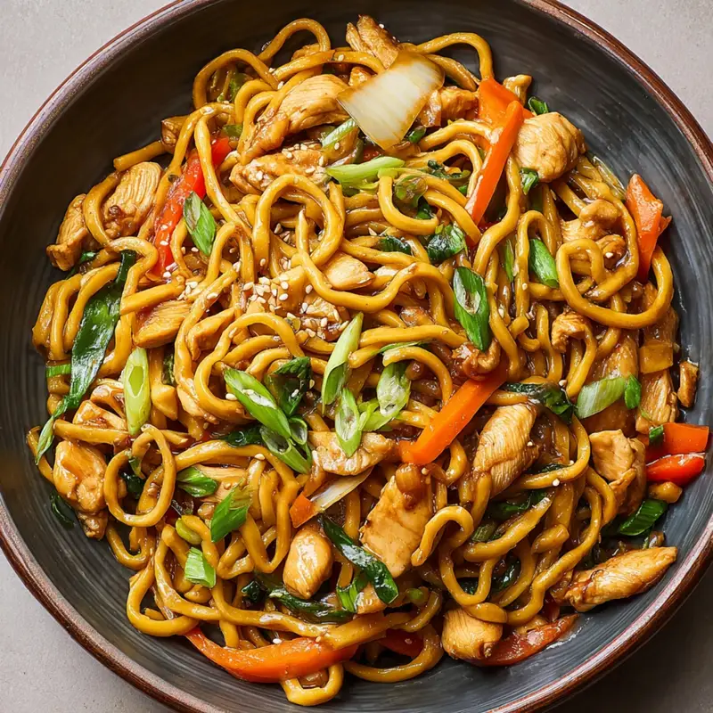 Homemade chicken lo mein recipe in a skillet with glossy noodles, tender chicken pieces, broccoli florets, carrots, onions, and scallions tossed in a rich soy-based sauce — perfectly caramelized and ready to serve, showing real home-cooked texture and freshness.