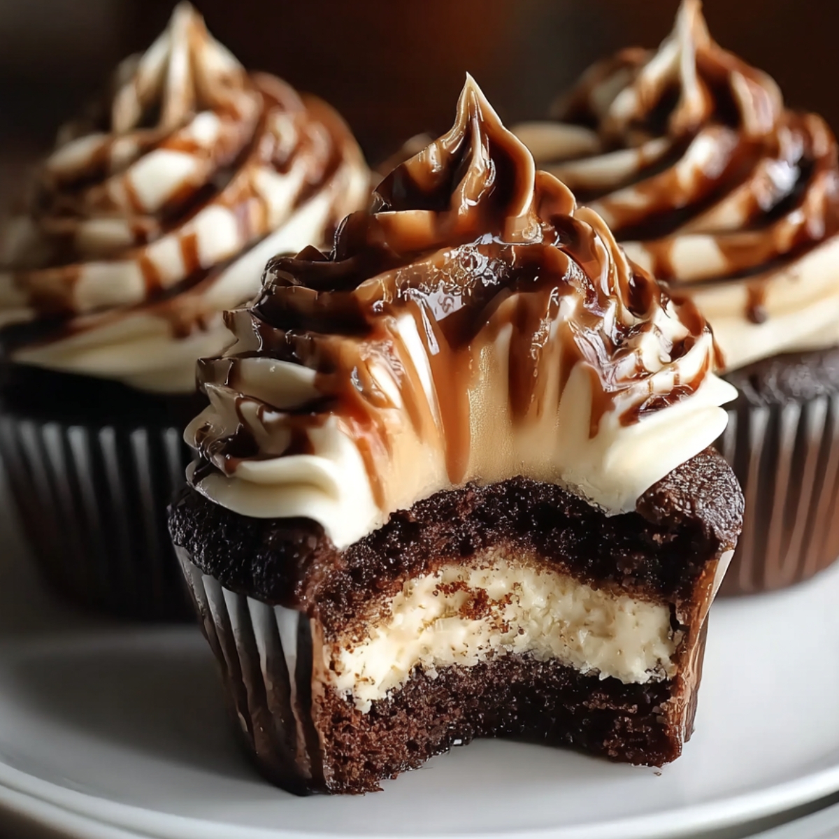 Close-up of homemade chocolate coffee cream cupcakes topped with rich espresso buttercream and chocolate drizzle, showing a moist chocolate crumb and creamy coffee filling inside.