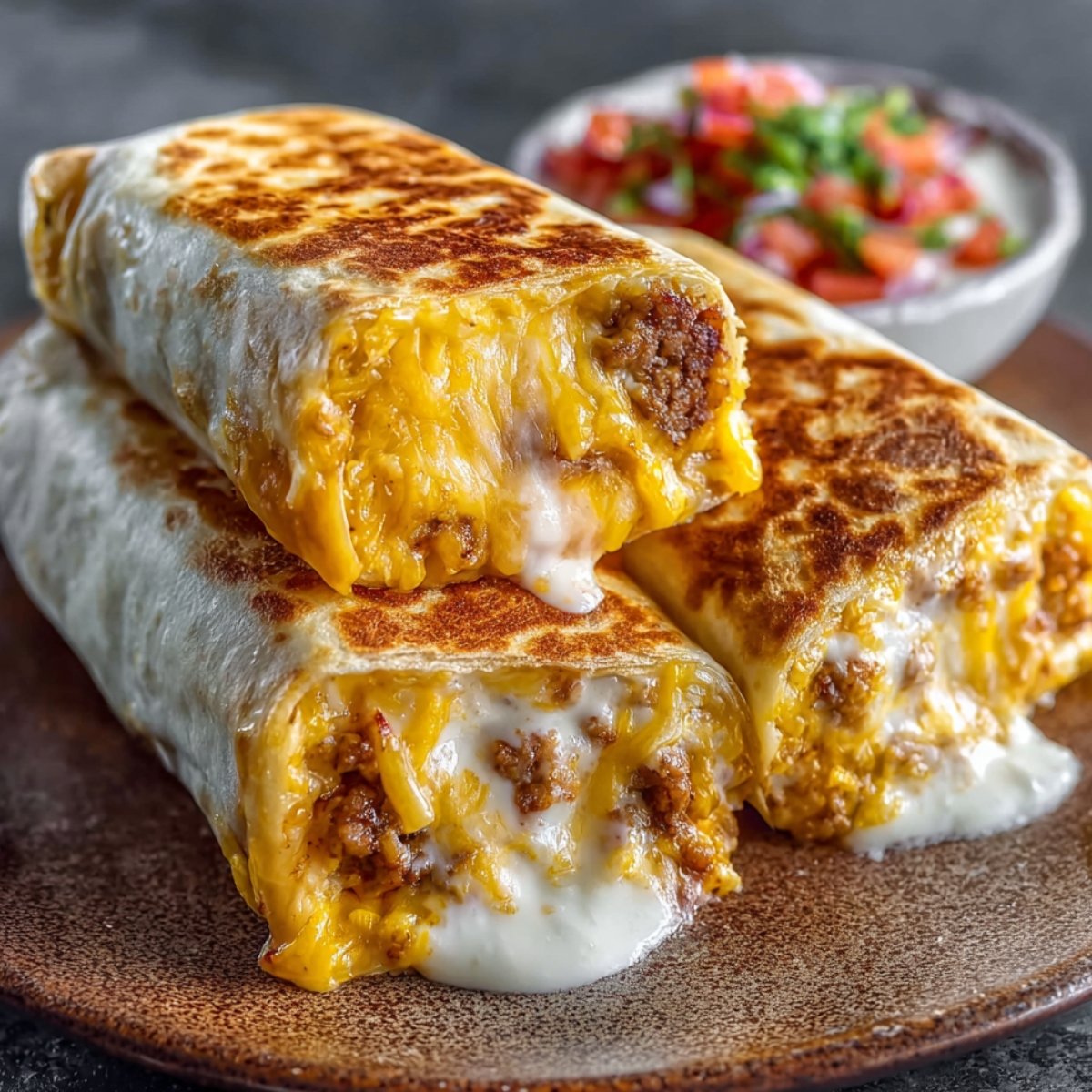 Homemade grilled cheese burrito filled with seasoned beef, melted cheddar, and creamy sauce, sliced in half to show the gooey cheese, served on a wooden board with a bowl of fresh pico de gallo in the background.