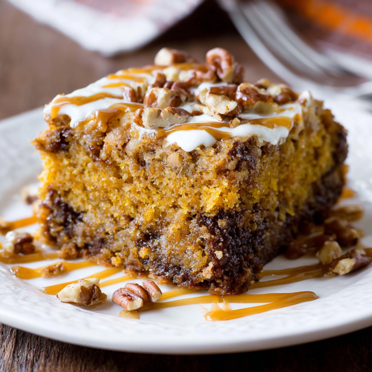 Slice of homemade pumpkin earthquake cake topped with pecans, cream cheese drizzle, and caramel sauce on a white plate.