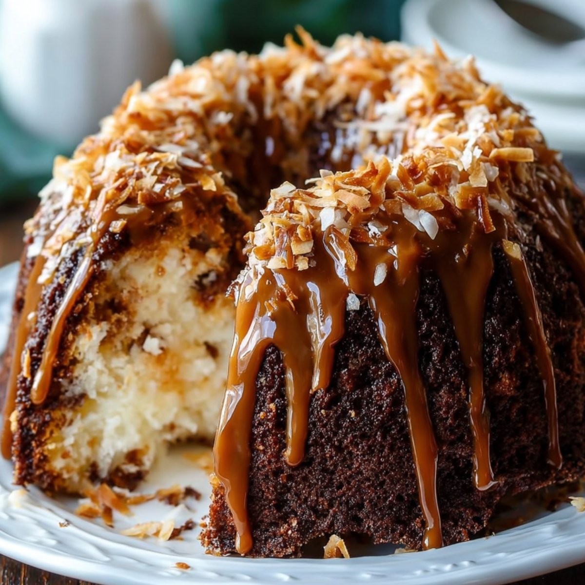 Samoa Bundt cake drizzled with caramel and topped with toasted coconut on a white plate.
