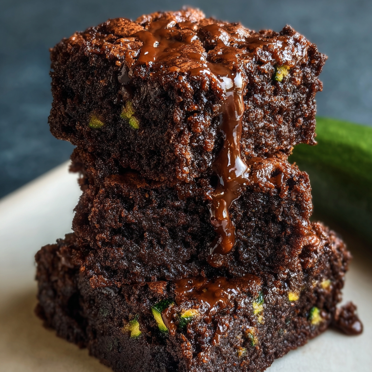 A stack of homemade chocolate zucchini brownies on a wooden board, with a glossy, fudgy texture and small green zucchini bits visible, looking moist and freshly baked.