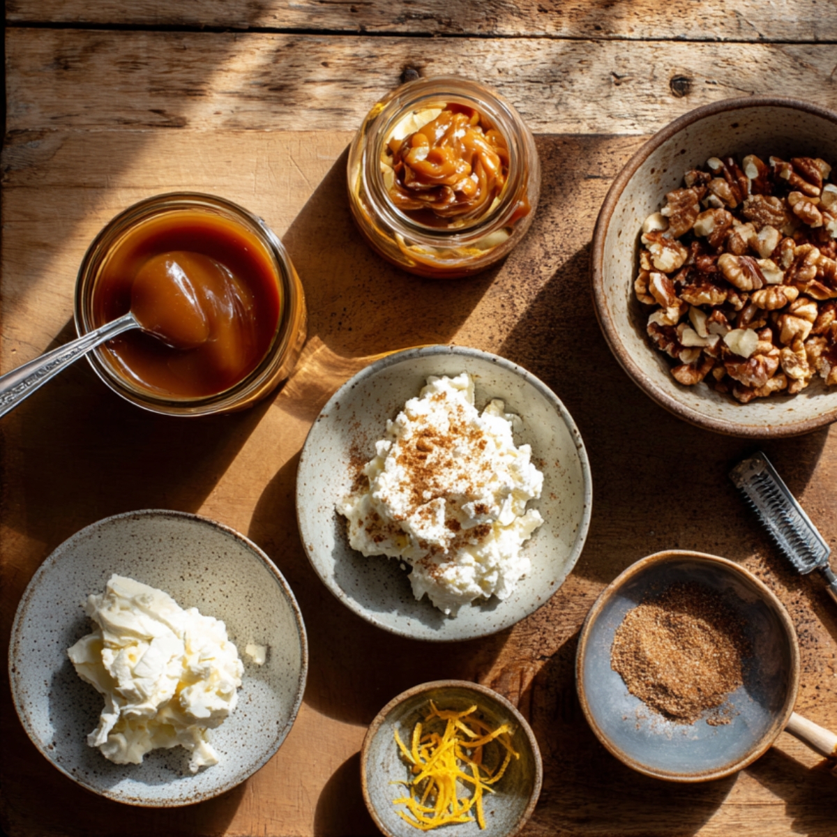 Real homemade Apple Pie Bombs ingredients on a rustic wooden table — bowls of caramel sauce, chopped walnuts, cream cheese, ricotta with spice, lemon zest, and nutmeg, warm sunlight, cozy kitchen feel.