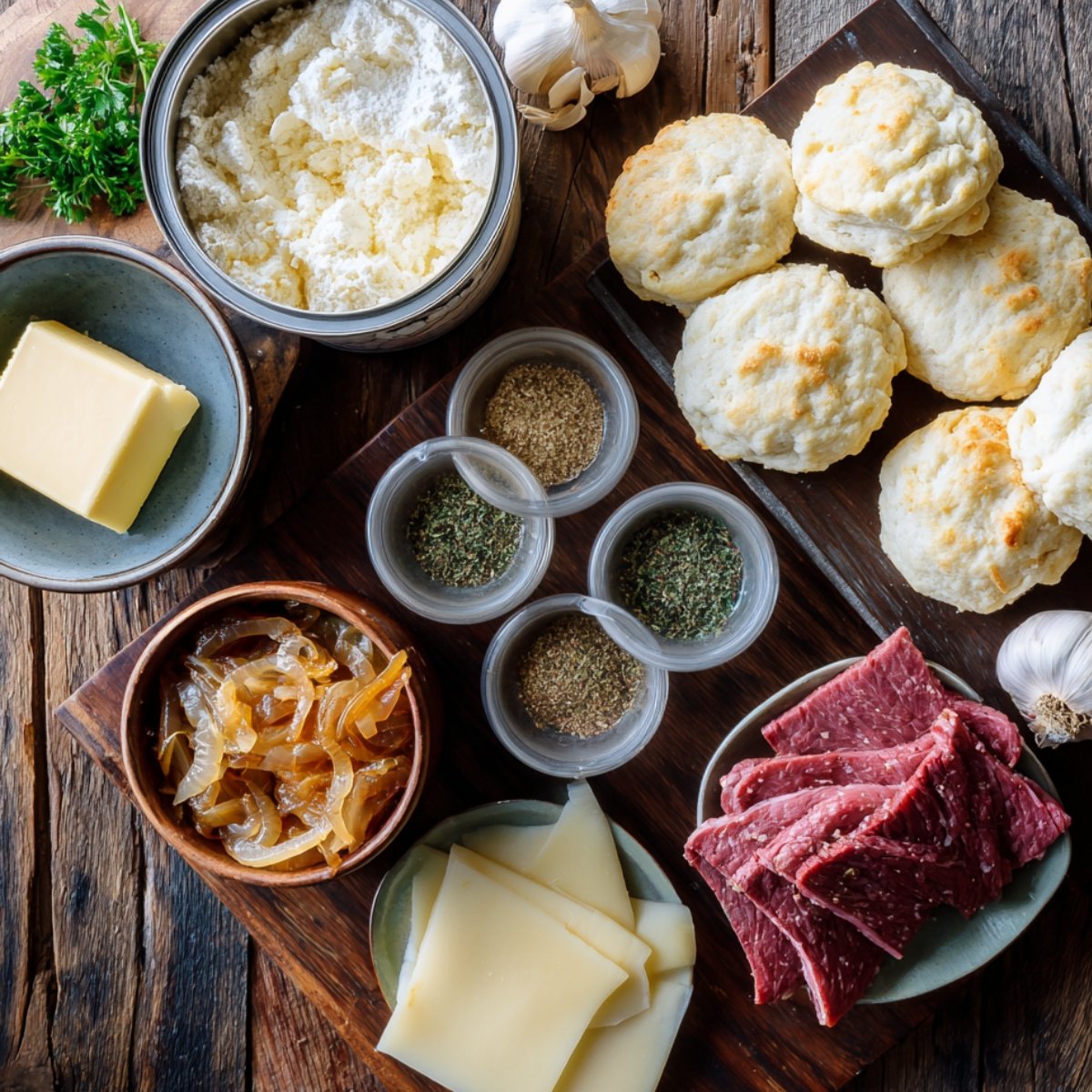 Rustic kitchen flat lay of French Dip Biscuit ingredients — golden biscuits, roast beef slices, provolone cheese, caramelized onions, butter, flour, garlic, and herbs on a wooden table with warm natural light.