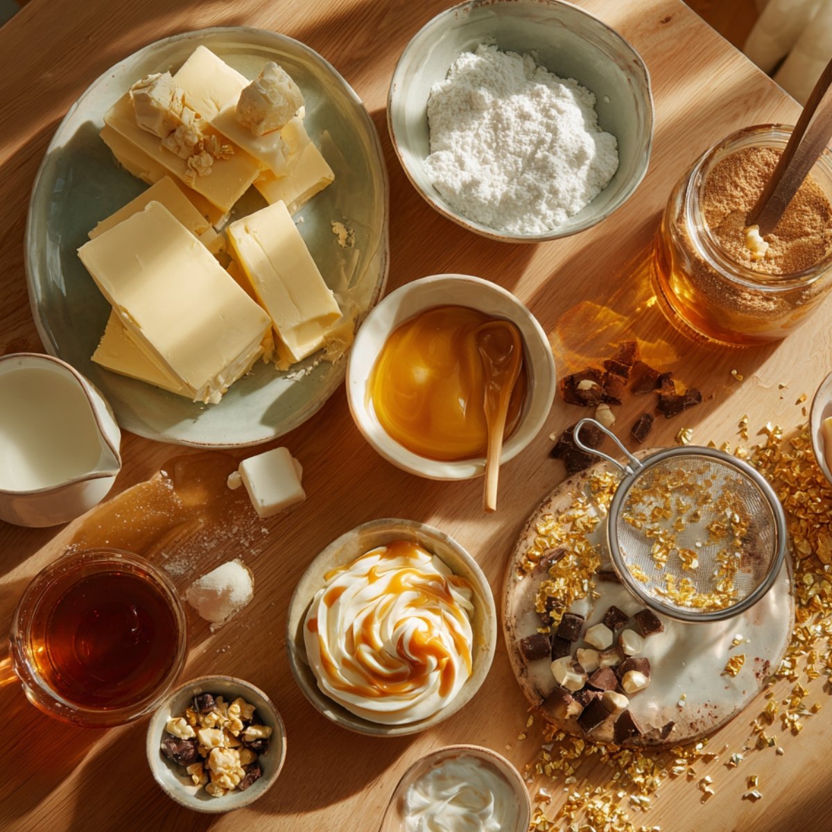 Homemade butterbeer cupcake ingredients on a wooden table — butter, powdered sugar, caramel, cream, brown sugar, whipped cream, chocolate, and gold sprinkles in warm sunlight.