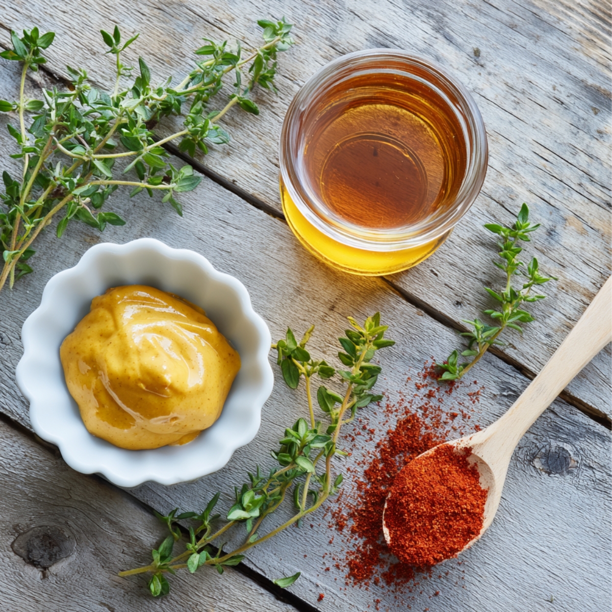 Rustic wooden table with Dijon mustard in a white ramekin, a glass jar of honey, a wooden spoon of smoked paprika, and fresh thyme sprigs.