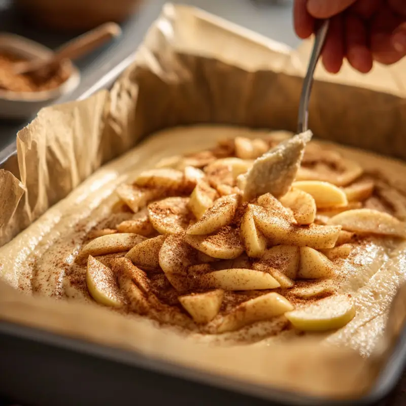 A hand spreading cinnamon-dusted apple slices over thick cake batter in a parchment-lined pan, capturing a cozy homemade baking moment.