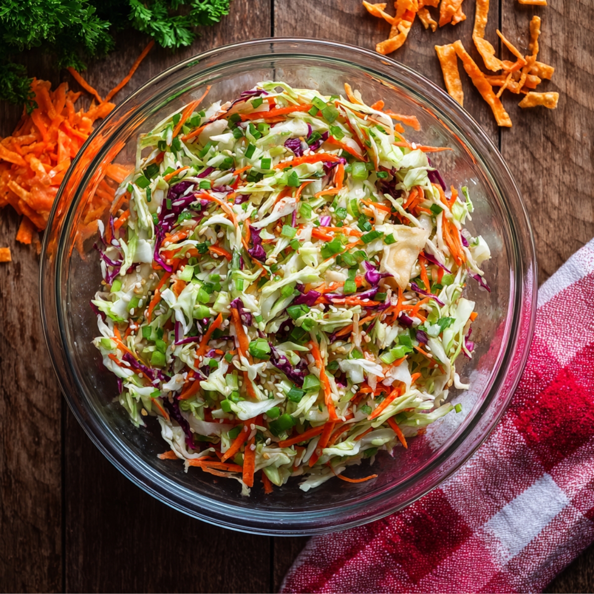 Colorful homemade Asian slaw with cabbage, carrots, and green onions in a glass bowl on a wooden table with a red checkered napkin.
