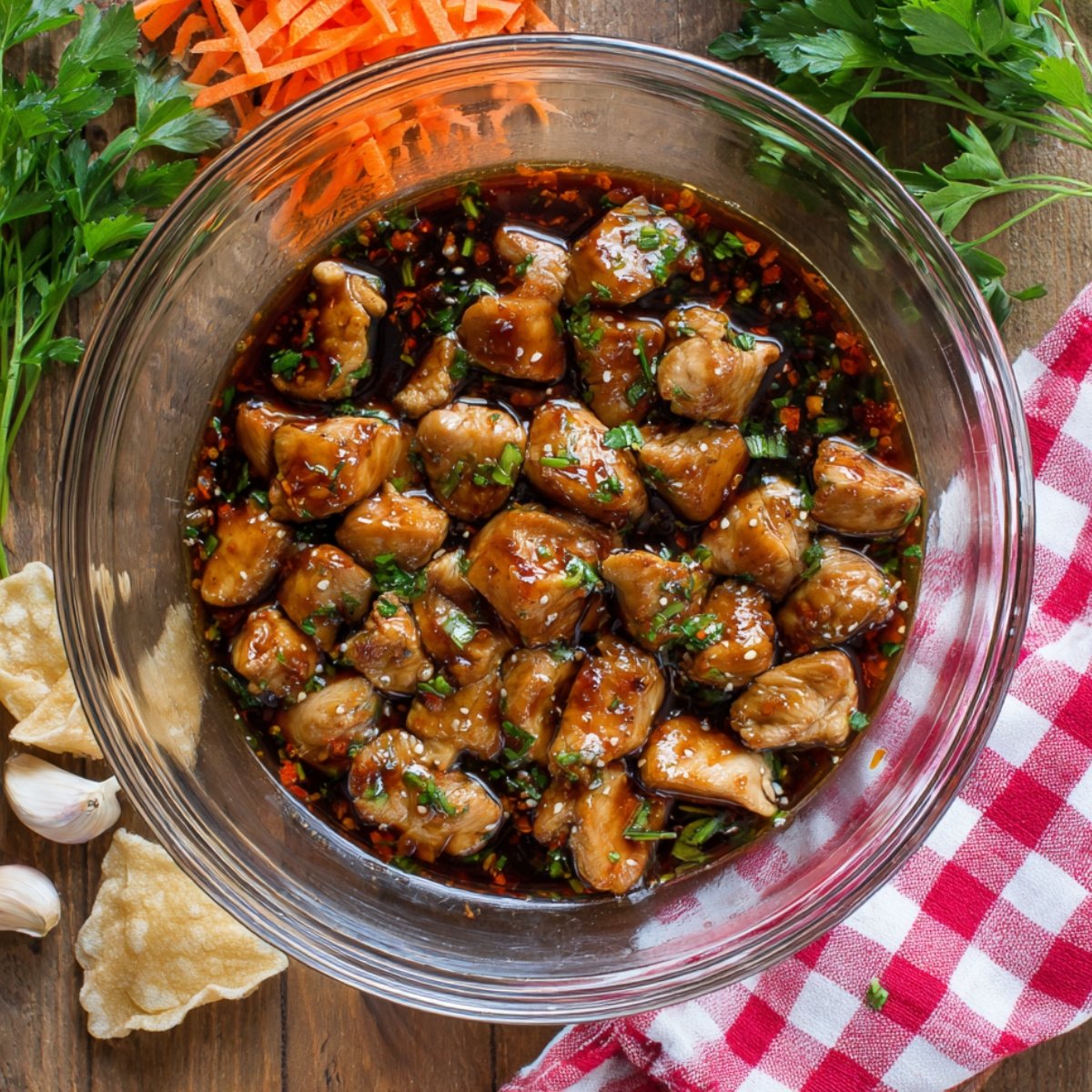 Bite-sized chicken marinating in glossy teriyaki sauce in a glass bowl on a wooden table with parsley, carrots, garlic, and a red checkered napkin.