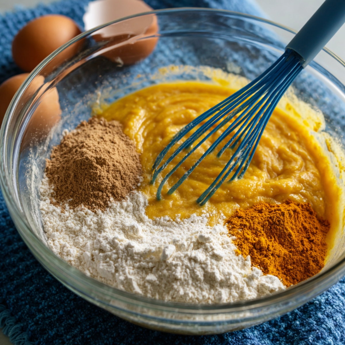 Pumpkin cake batter being mixed in a glass bowl with a blue whisk, surrounded by eggs and spices on a blue towel.