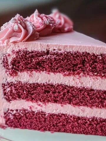 Pink velvet cake slice with three magenta layers, creamy pink frosting, and pink swirls topped with purple sprinkles on a floral plate.