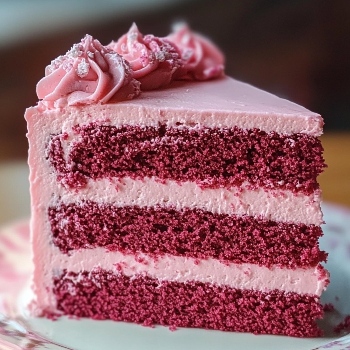 Pink velvet cake slice with three magenta layers, creamy pink frosting, and pink swirls topped with purple sprinkles on a floral plate.