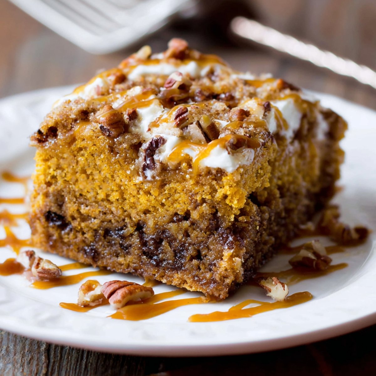Slice of pumpkin earthquake cake topped with pecans, cream cheese swirls, and caramel drizzle on a white plate.