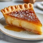 Salted Honey Pie with golden crust, creamy filling, and glossy honey topping on a speckled plate.