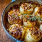 Golden-brown baked Tennessee onions in a blue dish topped with melted cheese and fresh thyme sprigs.
