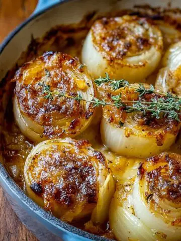 Golden-brown baked Tennessee onions in a blue dish topped with melted cheese and fresh thyme sprigs.