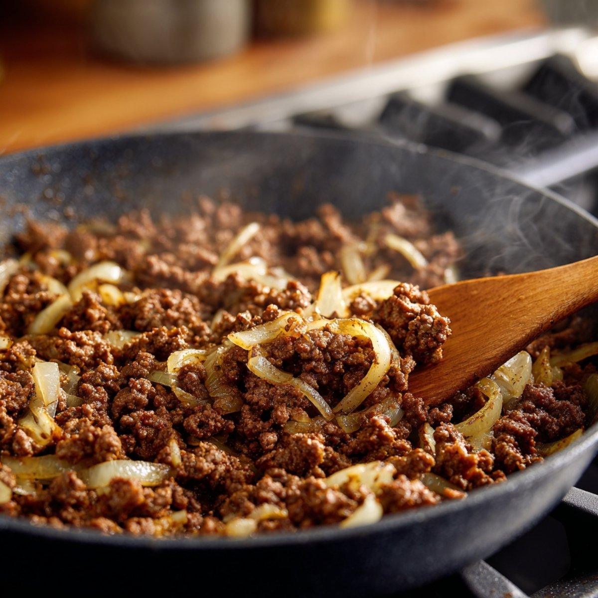 Ground beef and sliced onions sizzling together in a skillet, stirred with a wooden spatula, showing a homemade, freshly cooked texture.