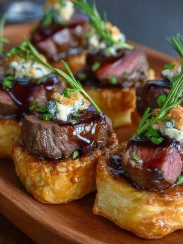 Beef Wellington Bites topped with seared medium-rare beef, sautéed mushrooms, blue cheese crumbles, and rosemary on golden puff-pastry rounds.