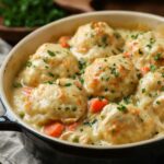 Homemade Bisquick chicken and dumplings in a creamy stew with tender carrots, parsley, and golden dumplings in a farmhouse-style dish.